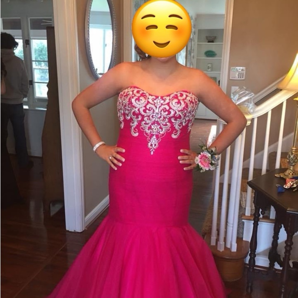 Madison James strapless,mermaid,hot pink,long prom dress with rhinestones.